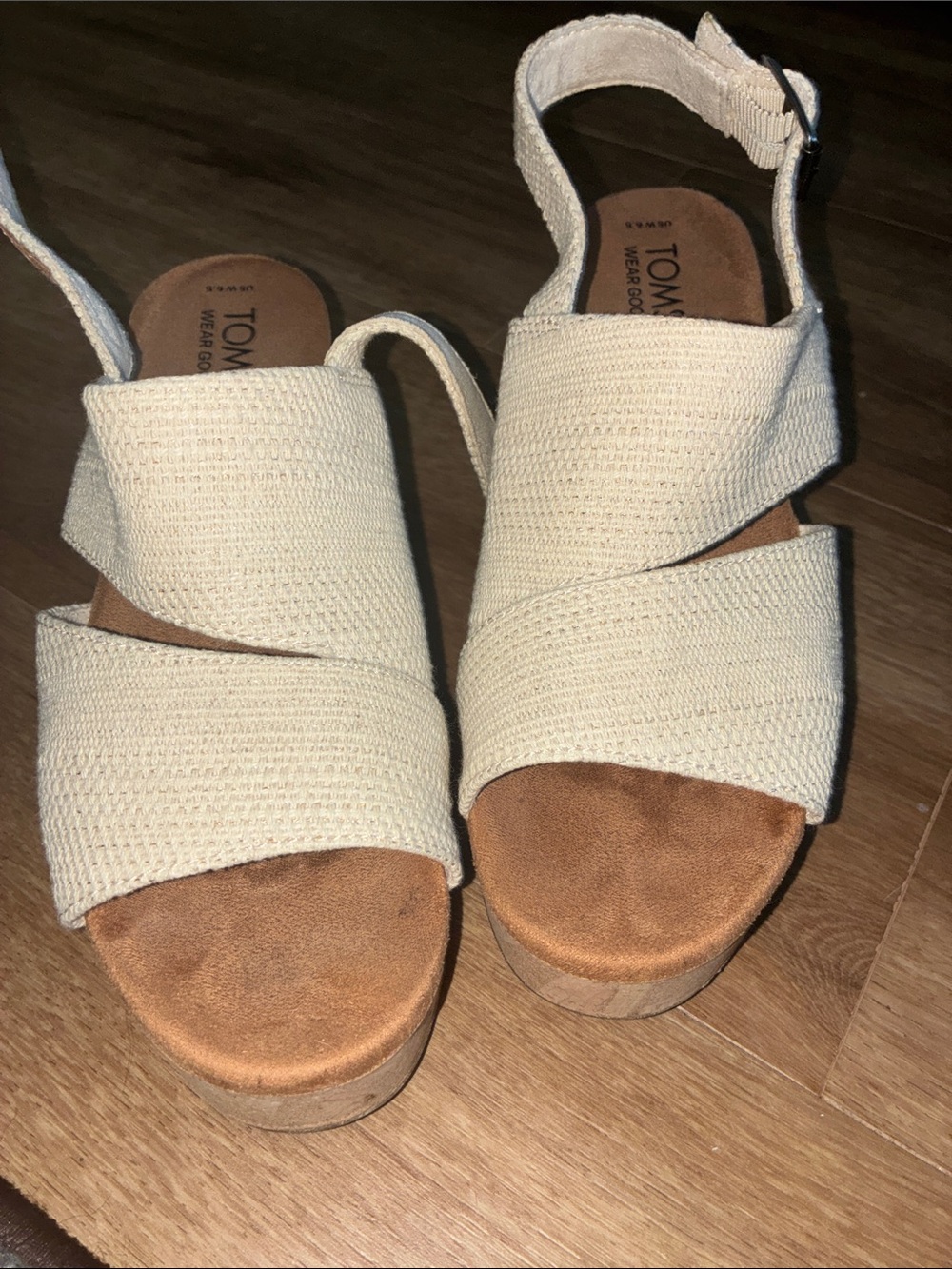 TOMS Beige Woven Wedge Sandals with Ankle Strap